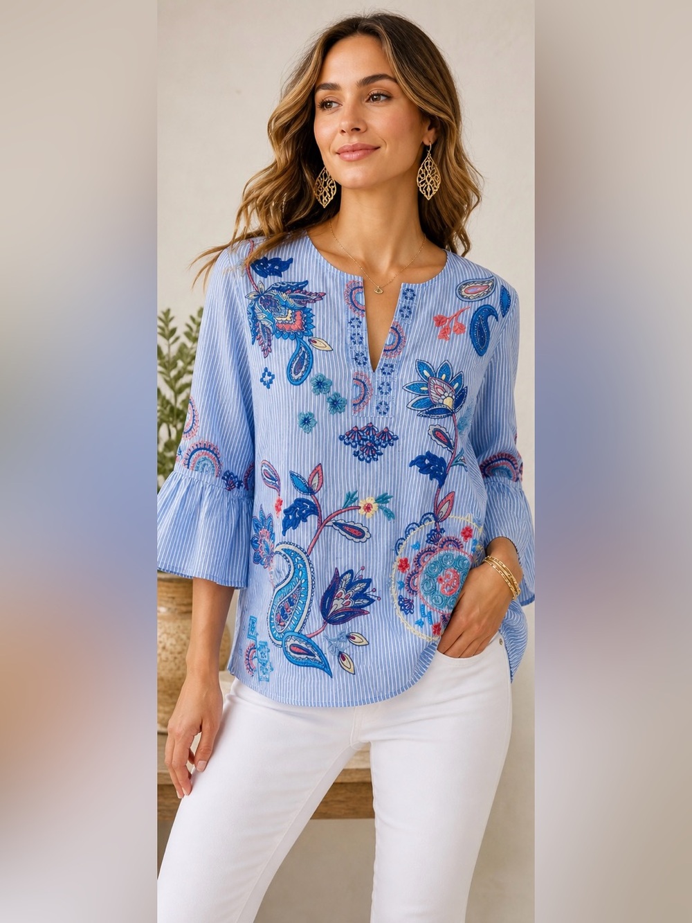 Johnny Was Neilly Silk Embroidered Blouse XS Blue Stripe Boho Ruffle Sleeve NWT